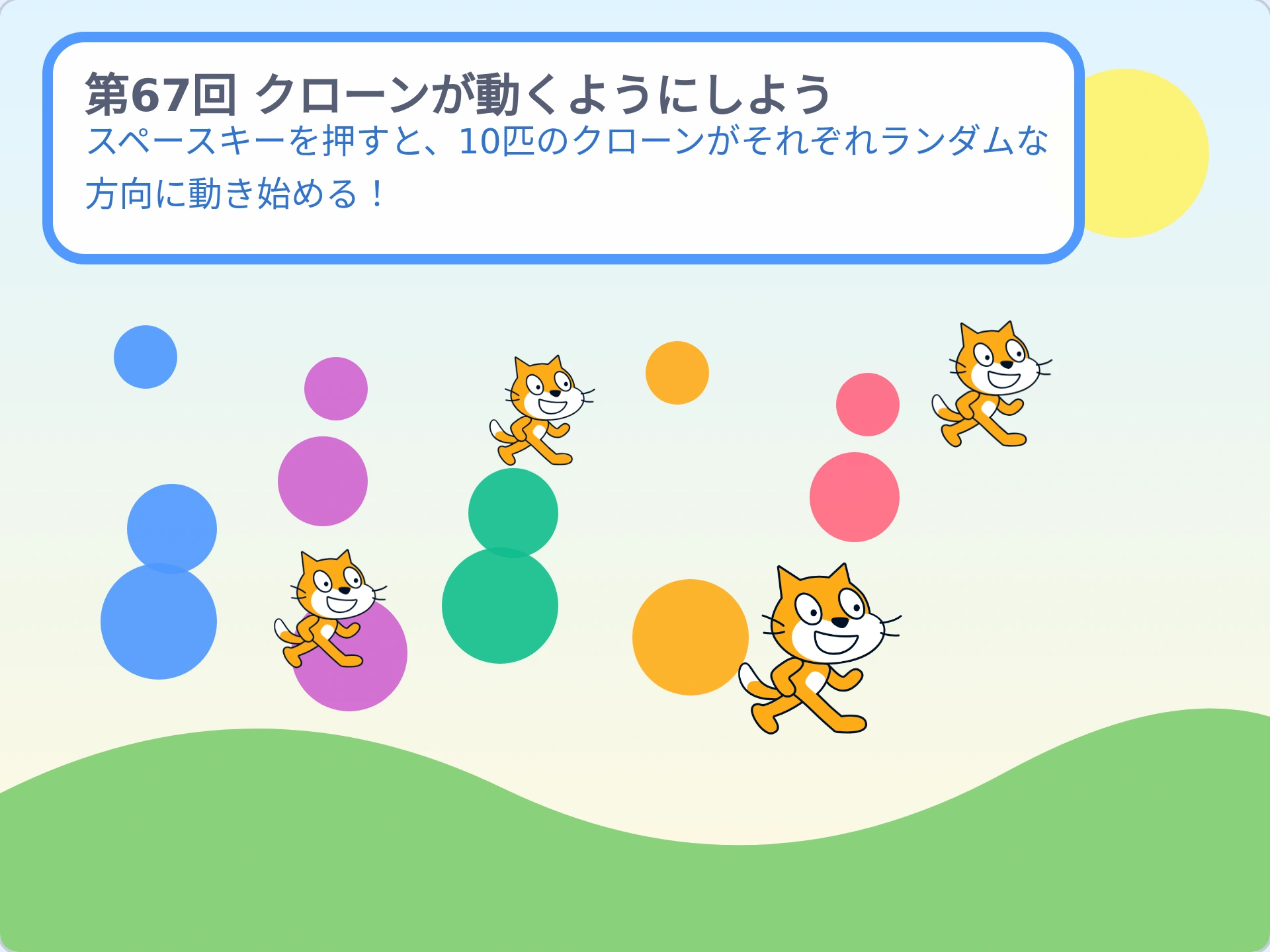 第67回「クローンが動くようにしよう」のScratch実行画面。スペースキーを押すと、10匹のクローンがそれぞれランダムな方向に動き始める！