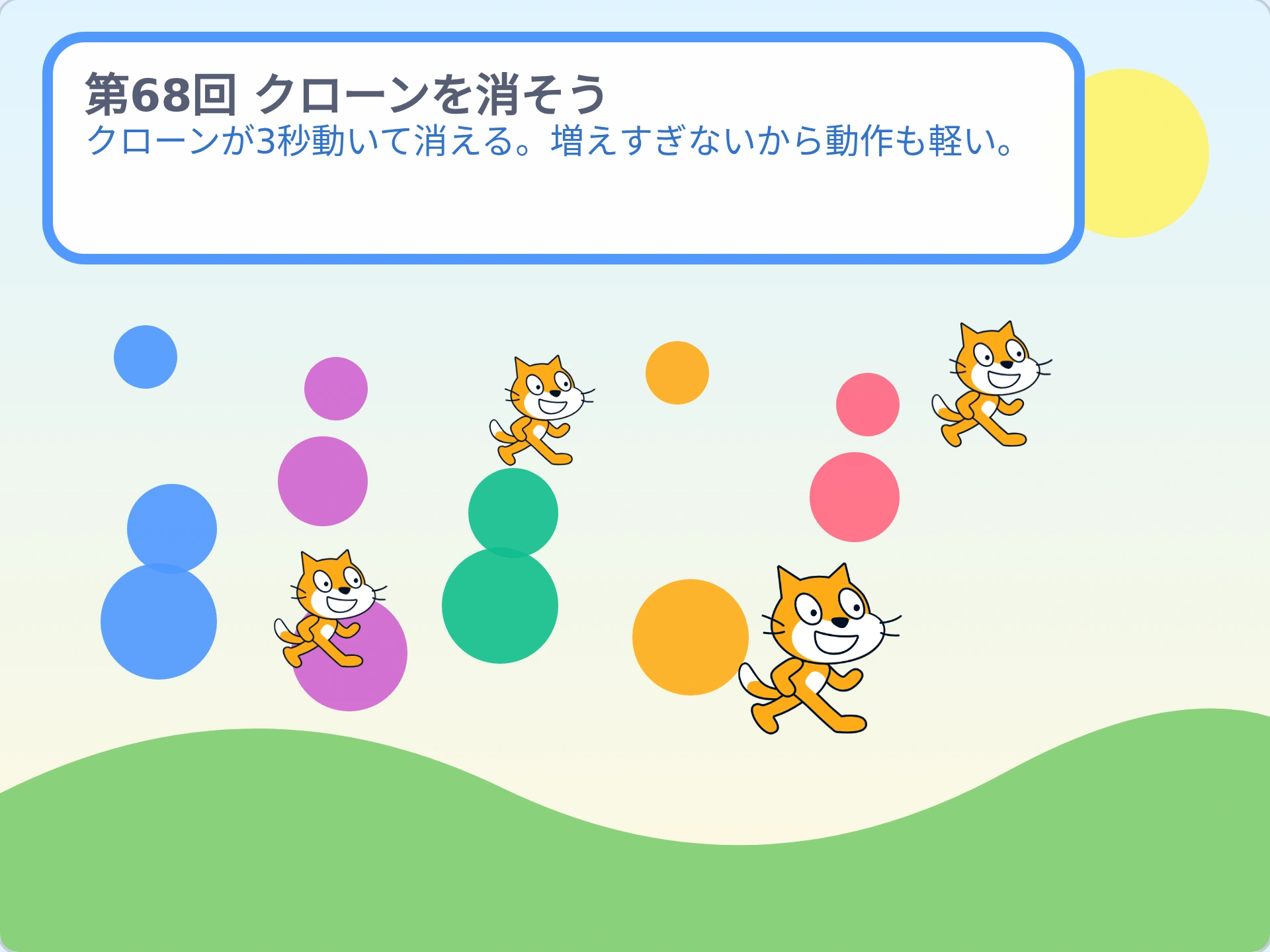 第68回「クローンを消そう」のScratch実行画面。クローンが3秒動いて消える。増えすぎないから動作も軽い。
