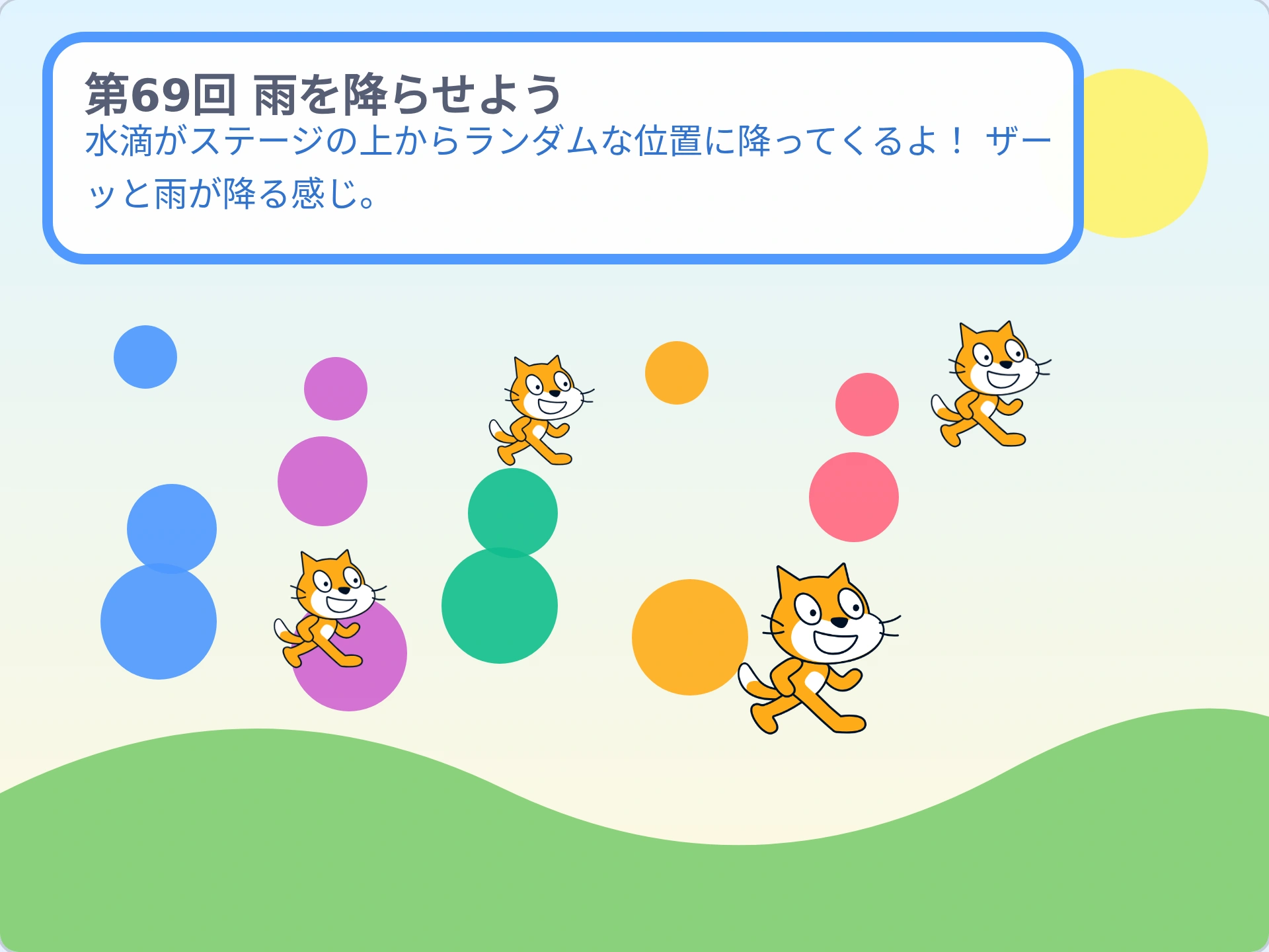 第69回「雨を降らせよう」のScratch実行画面。水滴がステージの上からランダムな位置に降ってくるよ! ザーッと雨が降る感じ。