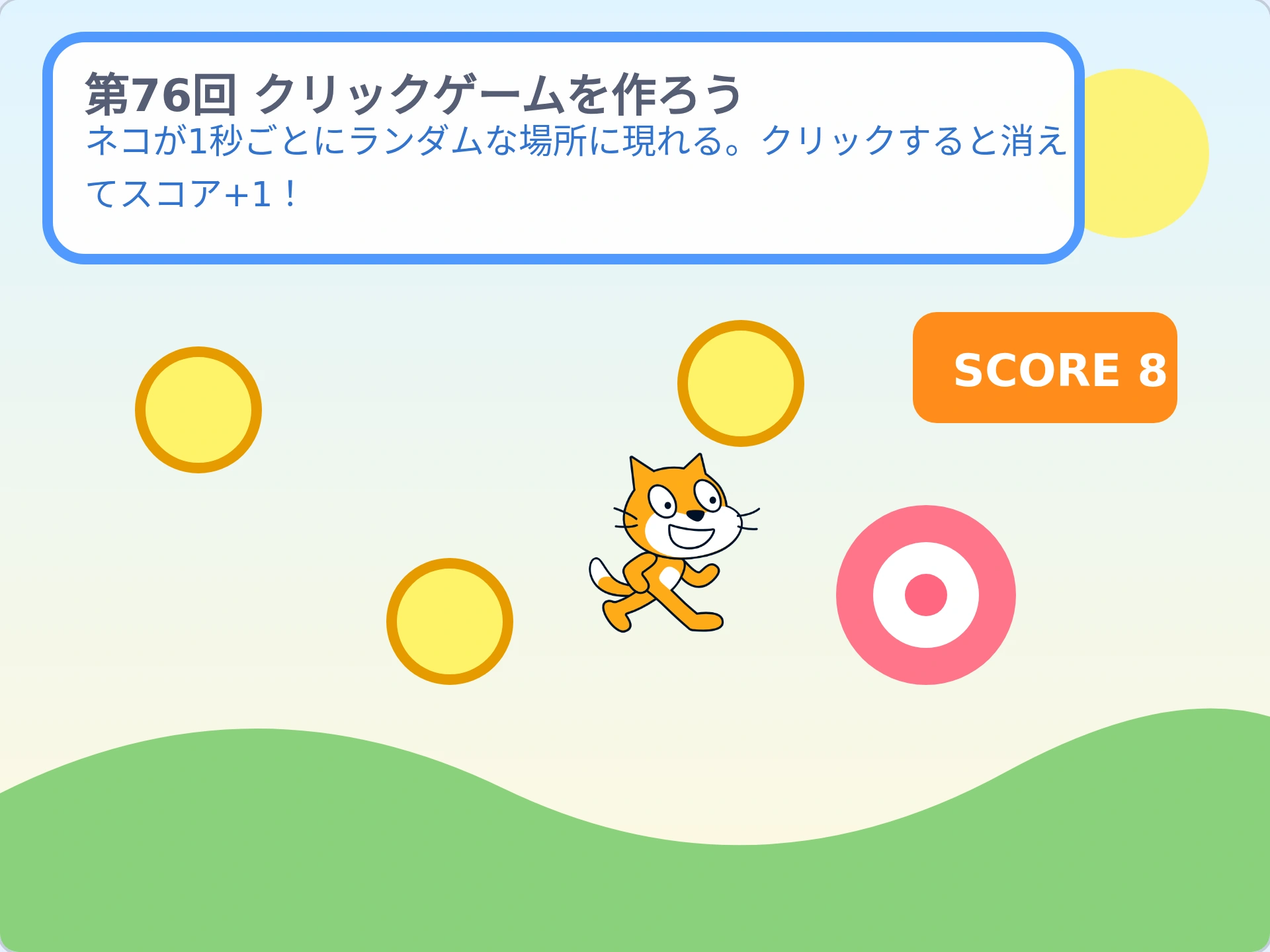 第76回「クリックゲームを作ろう」のScratch実行画面。ネコが1秒ごとにランダムな場所に現れる。クリックすると消えてスコア+1！
