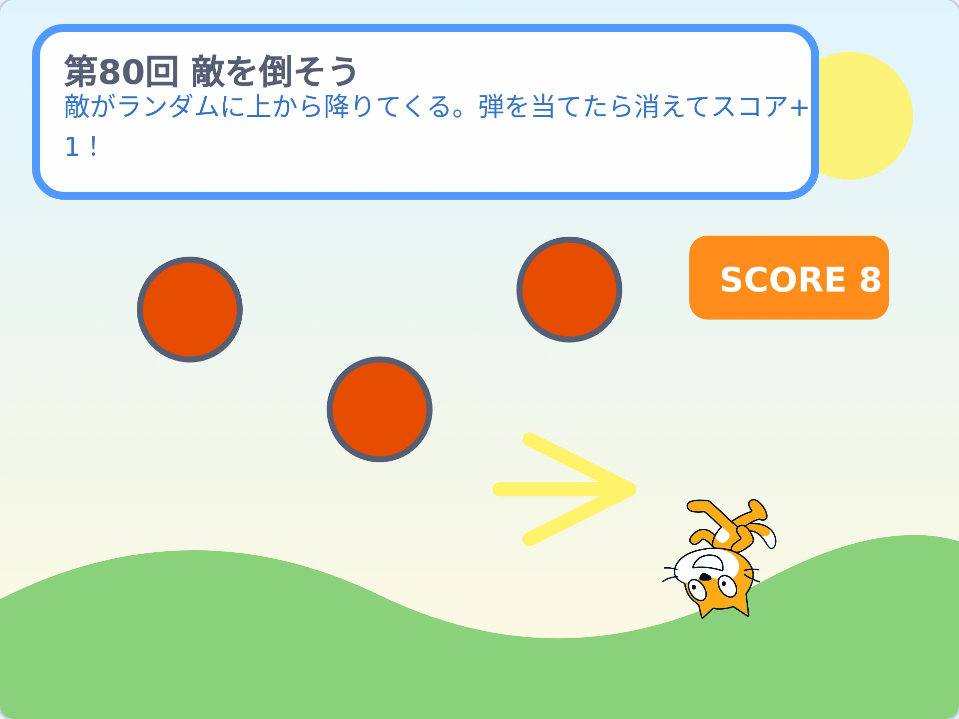 第80回「敵を倒そう」のScratch実行画面。敵がランダムに上から降りてくる。弾を当てたら消えてスコア+1！