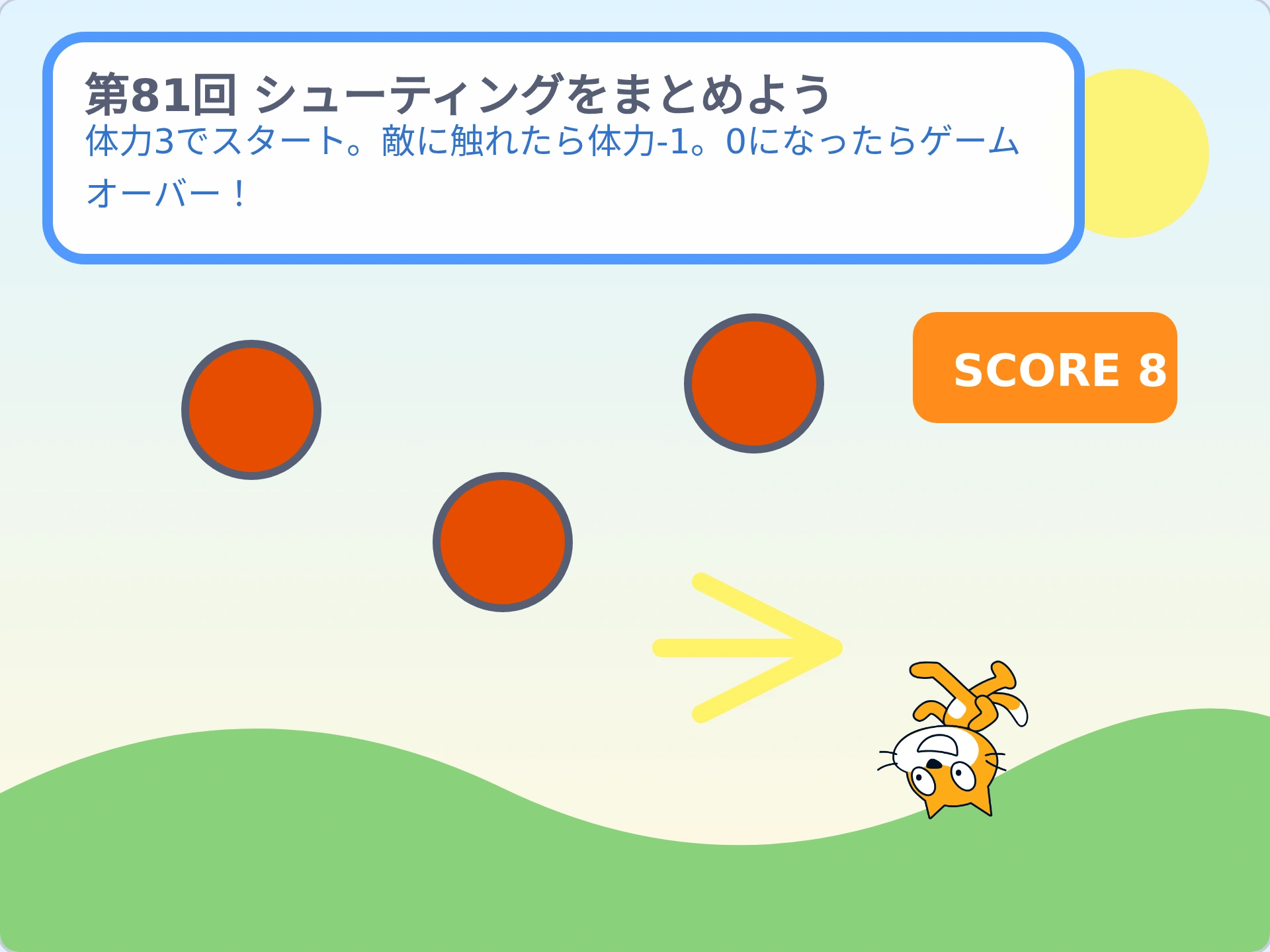 第81回「シューティングをまとめよう」のScratch実行画面。体力3でスタート。敵に触れたら体力-1。0になったらゲームオーバー！