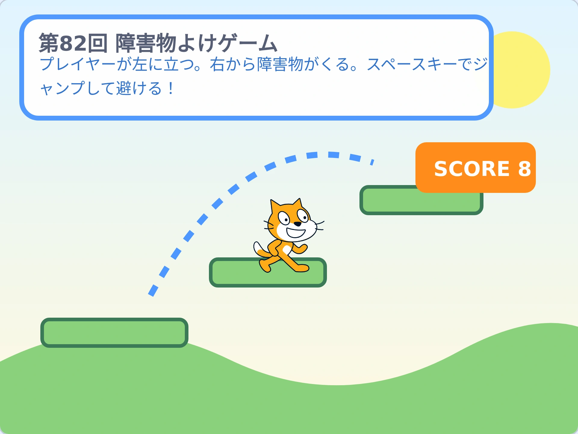 第82回「障害物よけゲーム」のScratch実行画面。プレイヤーが左に立つ。右から障害物がくる。スペースキーでジャンプして避ける！