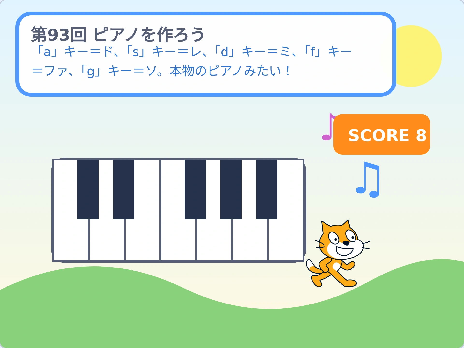 第93回「ピアノを作ろう」のScratch実行画面。「a」キー=ド、「s」キー=レ、「d」キー=ミ、「f」キー=ファ、「g」キー=ソ。本物のピアノみたい!