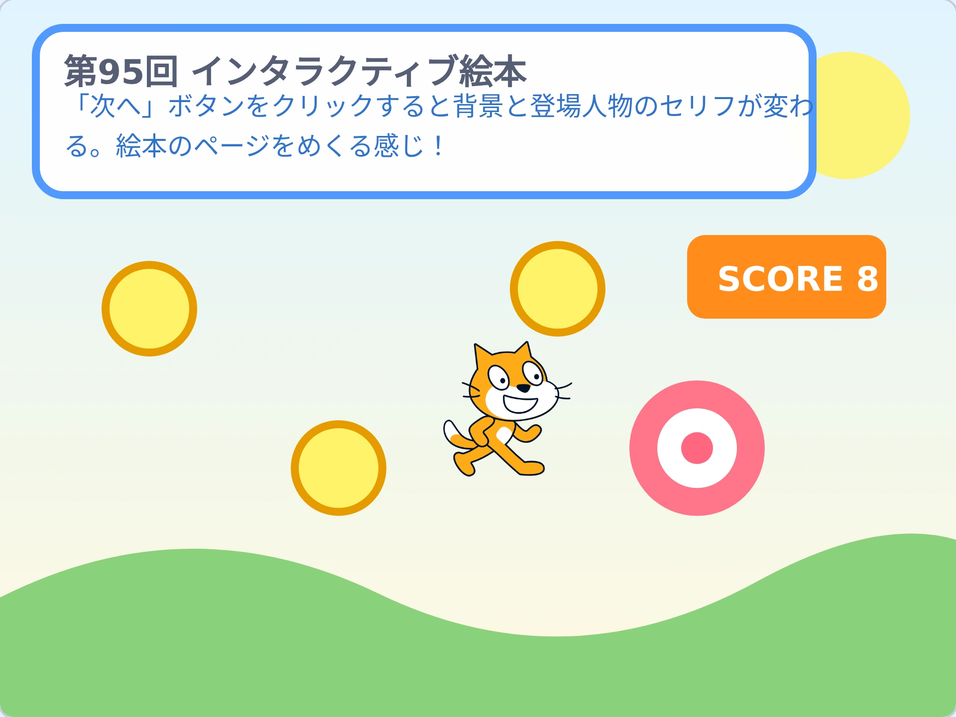 第95回「インタラクティブ絵本」のScratch実行画面。「次へ」ボタンをクリックすると背景と登場人物のセリフが変わる。絵本のページをめくる感じ！