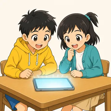 子どもがタブレットでAIに話しかけている場面のイラスト