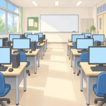 背景・学校・家・まちの背景(追加) 背景 学校のパソコン室(机の上にデスクトップパソコンが並ぶ)