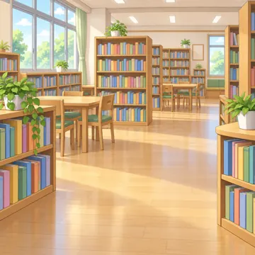 背景・学校・家・まちの背景(追加) 背景 学校の図書室(本棚と閲覧机)