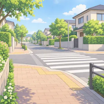 背景・学校・家・まちの背景(追加) 背景 朝の通学路(住宅街の歩道と横断歩道)