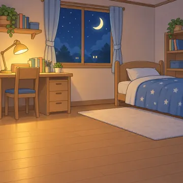 背景・学校・家・まちの背景(追加) 背景 夜の子ども部屋(ベッドと机、窓の外は夜空)