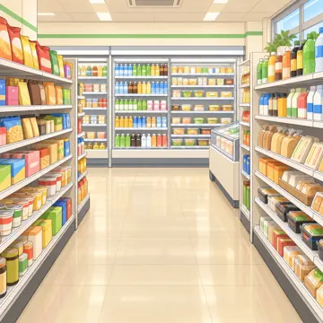 背景・学校・家・まちの背景(追加) 背景 コンビニの店内(棚が並ぶ、商品に文字なし)