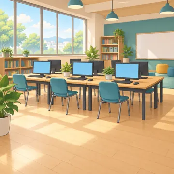 背景・学校・家・まちの背景(追加) 背景 NPOの放課後ラボ風の明るい部屋(長机とパソコン数台、観葉植物)