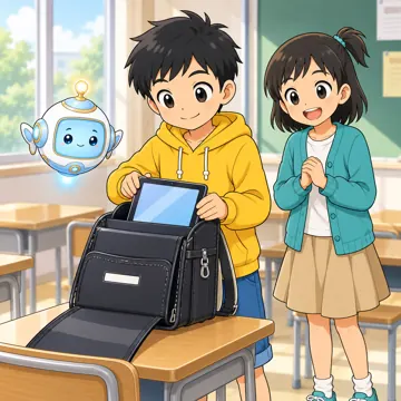 学校・家庭・行事の場面・GIGA端末(1人1台タブレット) GIGA端末の場面 ハルがランドセルにタブレットを入れて、家に持ち帰ろうとしている(大事そうに)