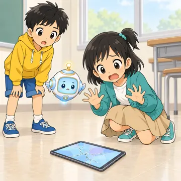 学校・家庭・行事の場面・GIGA端末(1人1台タブレット) GIGA端末の場面 ミオがタブレットを床に落として画面にひびが入り、あわてている