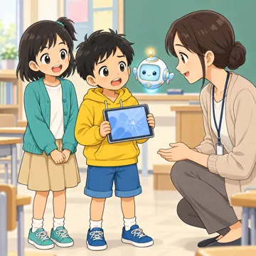 学校・家庭・行事の場面・GIGA端末(1人1台タブレット) GIGA端末の場面 ハルがひびの入ったタブレットを持って、先生に正直に報告している。先生はやさしく聞いている
