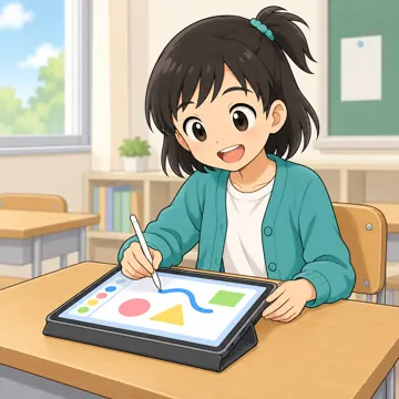 学校・家庭・行事の場面・GIGA端末(1人1台タブレット) GIGA端末の場面 ミオがタブレットの学習アプリで、ペンを使って画面に書きこんでいる