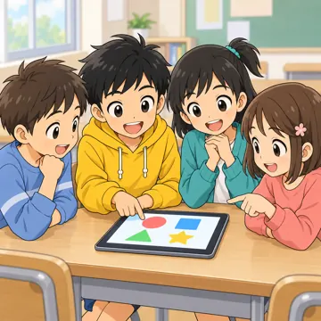 学校・家庭・行事の場面・GIGA端末(1人1台タブレット) GIGA端末の場面 グループで1台のタブレットの画面をのぞきこみ、話し合っている(ハル・ミオと友だち2人)