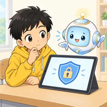 学校・家庭・行事の場面・GIGA端末(1人1台タブレット) GIGA端末の場面 ハルのタブレットに「見られないページ」を示す鍵と盾のマークが表示され、アイが説明している