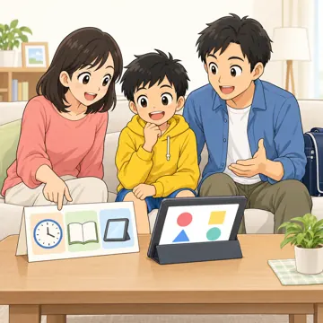 学校・家庭・行事の場面・GIGA端末(1人1台タブレット) GIGA端末の場面 家のリビングで、ハルが持ち帰ったタブレットを家族と見ながら、使い方の約束を確認している