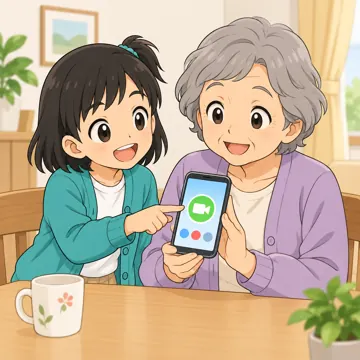 学校・家庭・行事の場面・保護者・先生 保護者・先生の場面 おばあちゃんがミオにスマホのビデオ通話のやり方を教わっている(ミオが先生役)