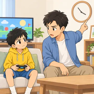 学校・家庭・行事の場面・保護者・先生 保護者・先生の場面 ハルがゲームの時間でお父さんと言い合いになり、お互いに少しむっとしている