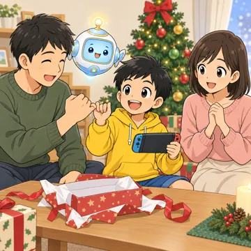 学校・家庭・行事の場面・季節・行事とデジタル 季節・行事とデジタル クリスマス、ハルがプレゼントのゲーム機を受け取り、家族と使い方の約束をしている