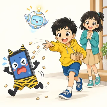 学校・家庭・行事の場面・季節・行事とデジタル 季節・行事とデジタル 節分、ハルが「スマホばかり鬼」のような画面の形のおにに豆をまいている(ユーモラスに)