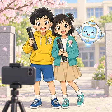 学校・家庭・行事の場面・季節・行事とデジタル 季節・行事とデジタル 卒業式の日、ハルとミオが卒業証書の筒を持って、いっしょに記念写真をとっている