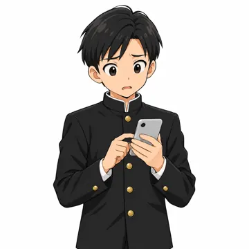 中学生(男女)・男の子 中学生 男の子 上半身、困った顔でスマホを見ている