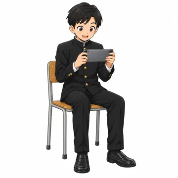 中学生(男女)・男の子 中学生 男の子 座って、携帯ゲーム機で遊んでいる