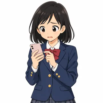 中学生(男女)・女の子 中学生 女の子 上半身、困った顔でスマホを見ている