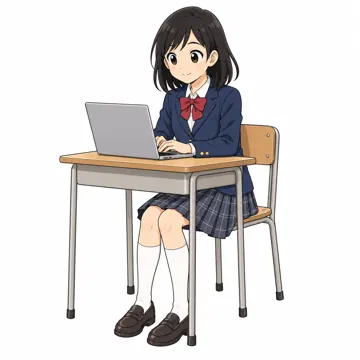 中学生(男女)・女の子 中学生 女の子 座って、ノートパソコンを使っている