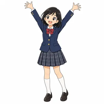 中学生(男女)・女の子 中学生 女の子 全身、両手を上げて喜んでいる