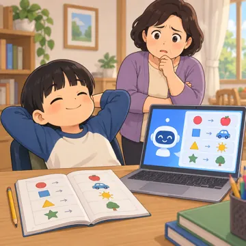 デジタル・AIの場面 デジタル・AIの場面 AI:AIに宿題を丸ごとやらせてしまう(困った顔の大人が見ている)