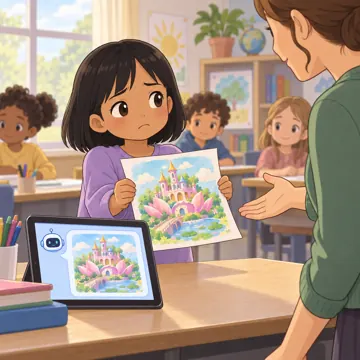 デジタル・AIの場面 デジタル・AIの場面 AI:AIが作った絵を自分の作品として出そうとして迷う