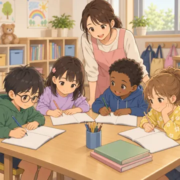 学童・放課後・地域の場面 学童・放課後・子ども会の場面 学童で宿題をする子どもたちと見守る指導員