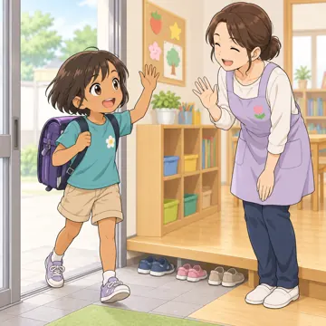 学童・放課後・地域の場面 学童・放課後・子ども会の場面 学童の入口で「ただいま」と帰ってくる子