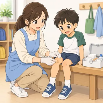学童・放課後・地域の場面 学童・放課後・子ども会の場面 学童で指導員と一緒にけがの手当て