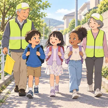 学童・放課後・地域の場面 学童・放課後・子ども会の場面 地域の見守り隊と登校する子ども