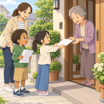 学童・放課後・地域の場面 学童・放課後・子ども会の場面 町内会のお知らせを配る子ども