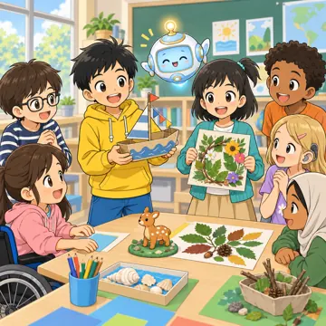学校行事 学校行事 始業式:夏休みの作品を見せ合っている