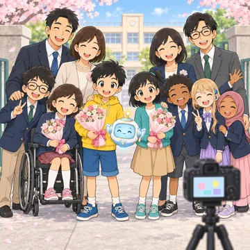 学校行事 学校行事 卒業式:校門の前で家族と記念撮影
