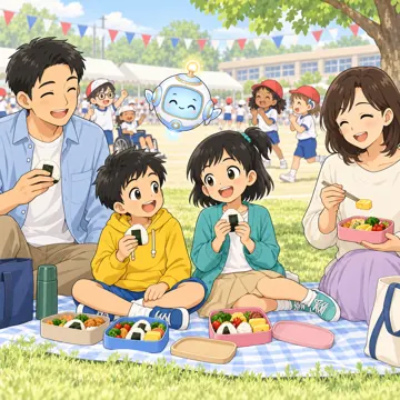 学校行事 学校行事 運動会:お弁当を家族と食べている