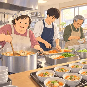 こどもの居場所・地域の活動 こどもの居場所・地域の活動 食:こども食堂の厨房で調理ボランティアが料理する