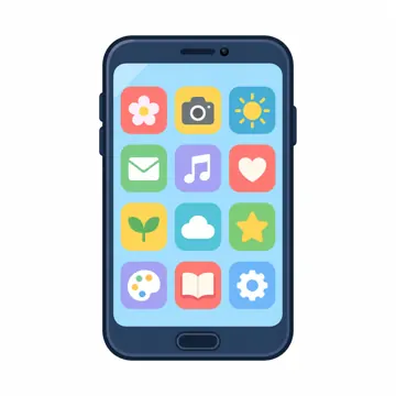 IT・ネットの小物 スマートフォン(画面は明るい色のアイコンが並ぶホーム画面、文字なし)