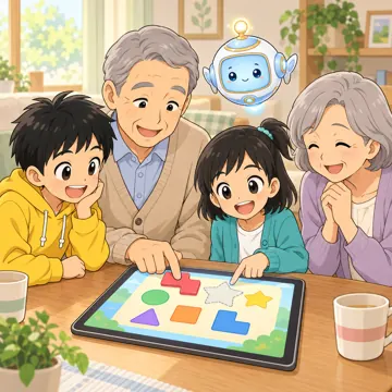 家庭の場面 家庭の場面 祖父母とデジタル:祖父母とタブレットでゲームをする