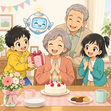 家庭の場面 家庭の場面 祖父母とデジタル:祖父母の誕生日を祝う