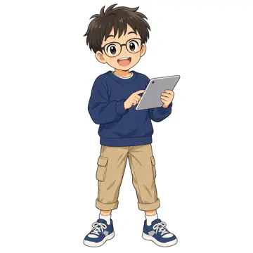 いろいろな子ども・大人 いろいろな子ども 眼鏡をかけた小学3年生くらいの男の子。紺色のトレーナー、手にタブレット