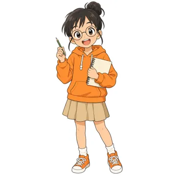 いろいろな子ども・大人 いろいろな子ども 丸い眼鏡をかけた小学5年生くらいの女の子。オレンジのパーカー、ノートと鉛筆を持っている