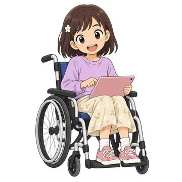 いろいろな子ども・大人 いろいろな子ども 車いすに乗った小学4年生くらいの女の子。膝の上のタブレットを楽しそうに操作している